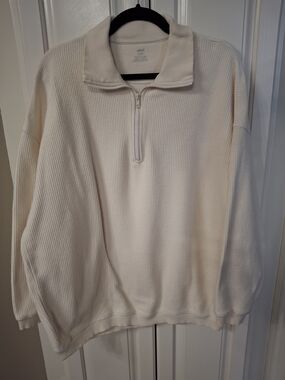 aerie Cream Ribbed Quarter-Zip Pullover